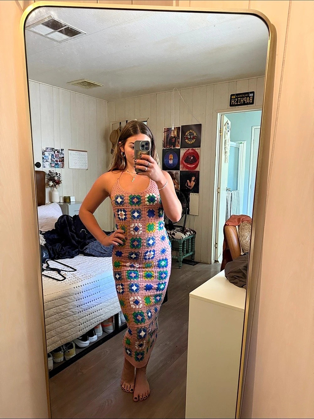 FOREVER 21 Crochet Geometric Midi Dress Pink & Green